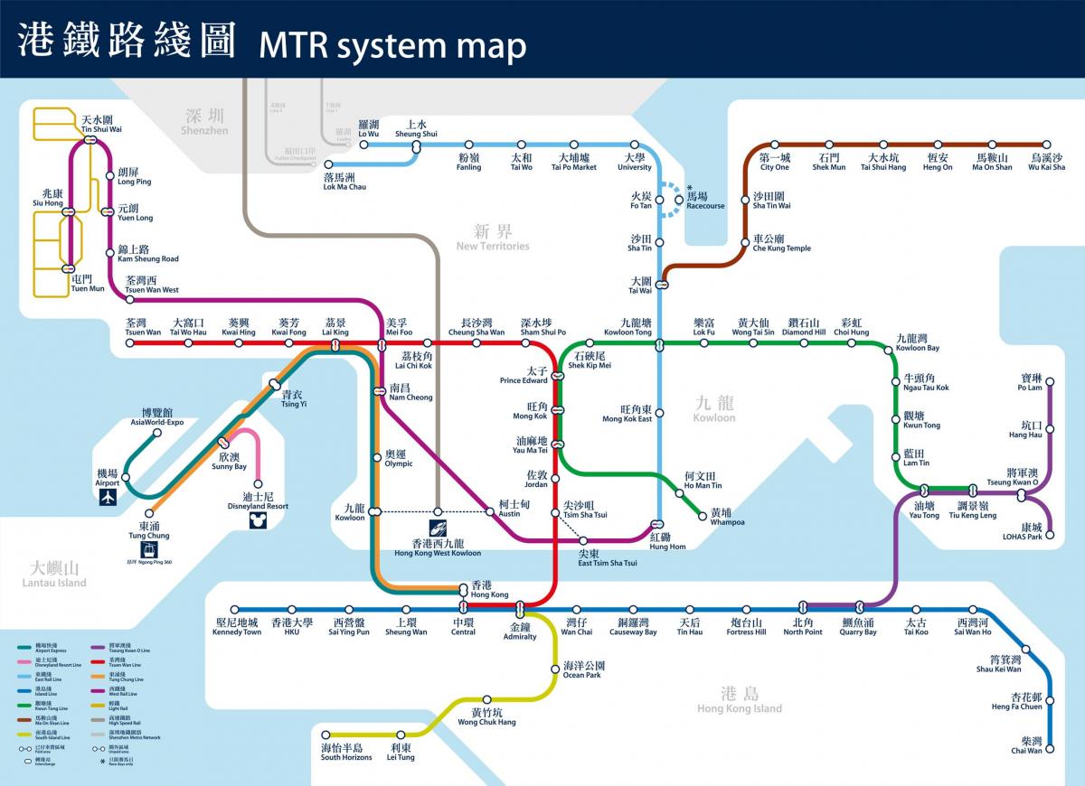 Kaart van de metrostations in Hong Kong